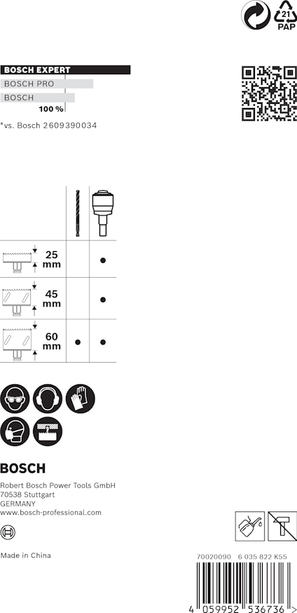 Förpackning med Bosch borrar i olika mått, 45 mm, 50 mm, 60 mm. Innehåller streckkod och QR-kod. Made in China.