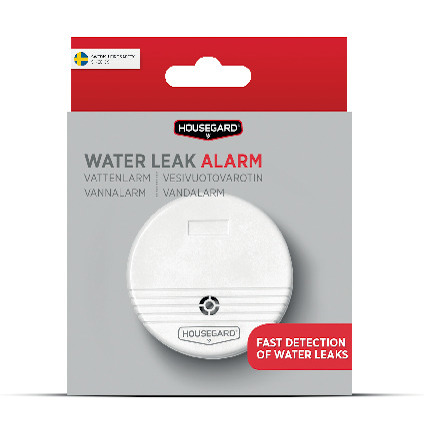 Förpackning med Housegard vattenlarm, text på fyra språk och röd detalj med texten "Fast detection of water leaks".