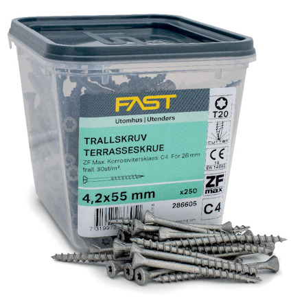 Plastburk med terrasseskruv, etikett visar specifikationer: 4,2x55 mm, T20, C4, för 28 mm trall, 250 st.