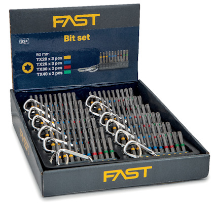 Öppen låda med 50 mm långa bitset från märket FAST. Innehåller TX20 x 3, TX25 x 3, TX30 x 2 och TX40 x 2.