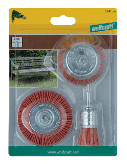 Förpackning med tre röda stålborstar av märket wolfcraft. Text: "6 mm", "500 R.P.E. (min-1)".
