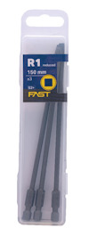 Förpackning med tre svarta buntband, 150 mm, märkt "R1 reduced", "FAST".