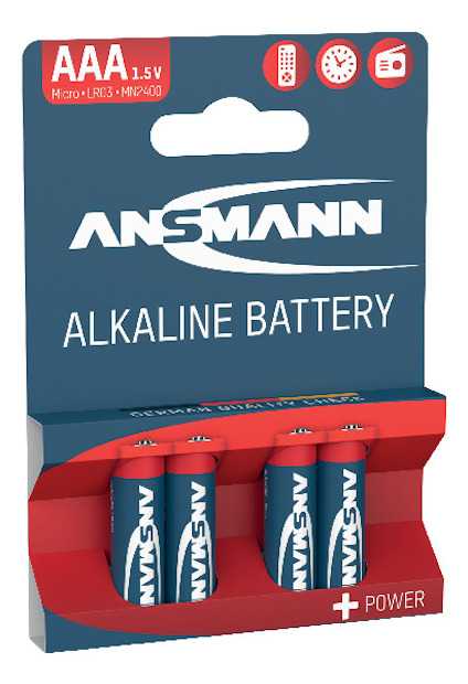 ANSAMANN AAA 1.5V Alkaline Battery, 4-pack, with icons for phone, remote, camera, and clock.