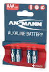 Förpackning med tre Ansmann AAA 1.5V alkaliska batterier, blå och röd design med text "GERMAN QUALITY CHECK".