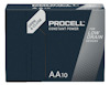 Förpackning med Procell AA10 batterier för lågströmsenheter, text "Open & Close" på locket.