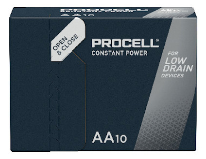 Förpackning med Procell AA10 batterier för lågströmsenheter, text "Open & Close" på locket.