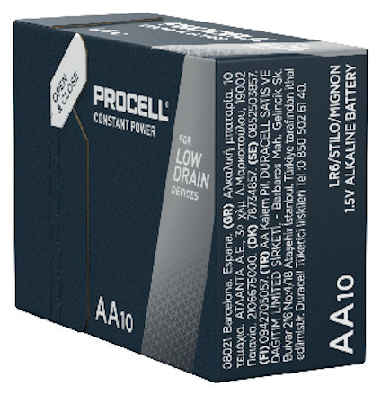 Förpackning med AA10 Procell alkaliska batterier, märkta "FOR LOW DRAIN DEVICES" och innehållande text på flera språk.