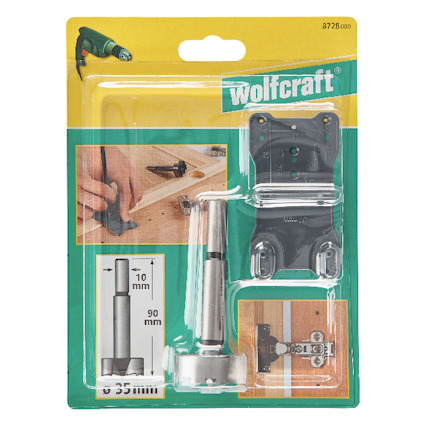 Förpackning innehållande borrsats från Wolfcraft, inklusive borr och monteringshållare. Visar användningsexempel och mått.