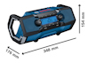Blå Bosch radio med handtag, digital display och måtten 348 mm x 176 mm x 154 mm markerade.