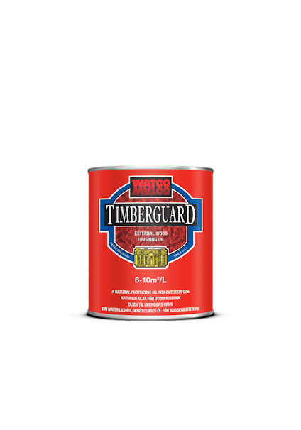 Röd burk med etiketten "Timberguard" och "Watco" samt text om ytbehandling för trä.